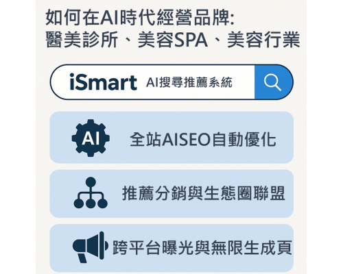 如何在AI時代經營品牌與IP:醫美診所、美容SPA、美容行業用 iSmart Ai搜尋推薦系統打造獲客生態圈 如何在AI時代經營品牌與IP:醫美診所、美容SPA、美容行業用 iSmart Ai搜尋推薦系統打造獲客生態圈